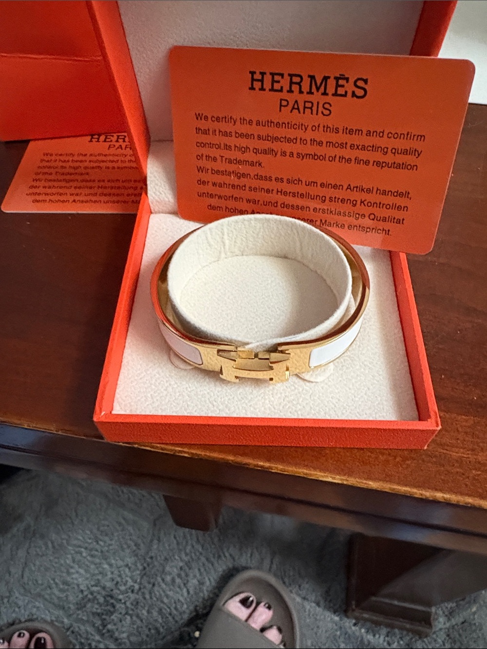 Hermes White Leather Double Tour Watch Bracelet with Gold H Clasp
